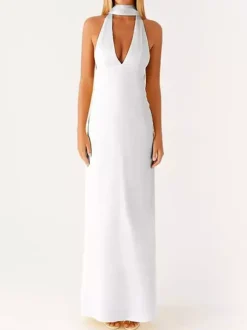 Robe longue minimaliste dos nu sans manches à col halter pour femme - Élégante robe de bal dos nu avec foulard - Soirée formelle d'été 2026