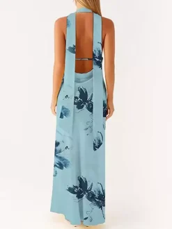 Robe longue minimaliste dos nu sans manches à col halter pour femme - Élégante robe de bal dos nu avec foulard - Soirée formelle d'été 2026