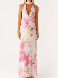 Robe longue minimaliste dos nu sans manches à col halter pour femme - Élégante robe de bal dos nu avec foulard - Soirée formelle d'été 2026