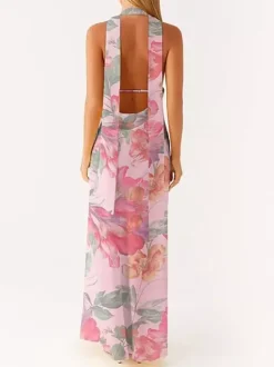 Robe longue minimaliste dos nu sans manches à col halter pour femme - Élégante robe de bal dos nu avec foulard - Soirée formelle d'été 2026