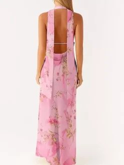 Robe longue minimaliste dos nu sans manches à col halter pour femme - Élégante robe de bal dos nu avec foulard - Soirée formelle d'été 2026