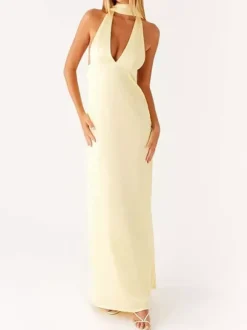 Robe longue minimaliste dos nu sans manches à col halter pour femme - Élégante robe de bal dos nu avec foulard - Soirée formelle d'été 2026