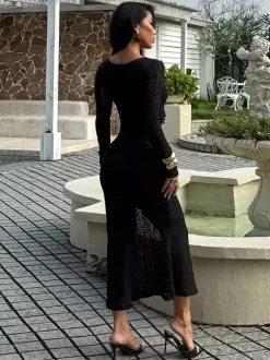 Robe longue moulante à col en V pour femme - Noire sexy à volants et découpes - Tenue idéale pour les fêtes et mariages de printemps 2026