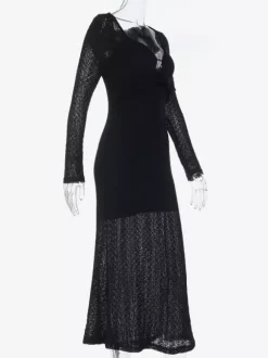 Robe longue moulante à col en V pour femme - Noire sexy à volants et découpes - Tenue idéale pour les fêtes et mariages de printemps 2026
