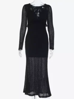 Robe longue moulante à col en V pour femme - Noire sexy à volants et découpes - Tenue idéale pour les fêtes et mariages de printemps 2026