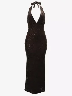 Robe longue moulante dos nu à sequins floraux et décolleté en V profond pour femme 2026