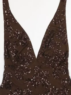 Robe longue moulante dos nu à sequins floraux et décolleté en V profond pour femme 2026