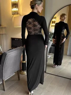 Robe longue moulante en dentelle noire à empiècements et col montant pour femme 2026