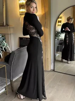 Robe longue moulante en dentelle noire à empiècements et col montant pour femme 2026