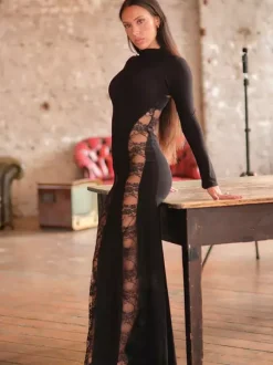 Robe longue moulante en dentelle noire à empiècements et col montant pour femme 2026