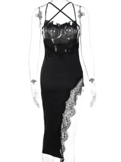 Robe Longue Moulante Femme avec Bretelles à Col Décolleté Coupe Cintrée avec Fente Unicolore