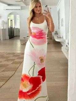 Robe longue moulante à imprimé floral pour femme - Robe sirène coupe slim à fines bretelles - Collection été 2026