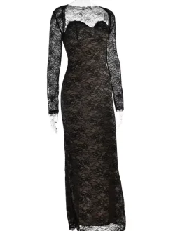 Robe longue moulante élégante en dentelle florale noire avec boléro collection 2026
