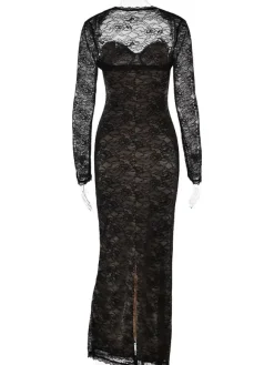 Robe longue moulante élégante en dentelle florale noire avec boléro collection 2026
