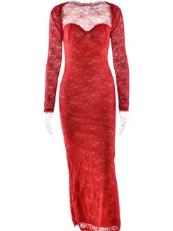 Robe longue moulante élégante en dentelle florale noire avec boléro collection 2026