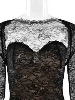 Robe longue moulante élégante en dentelle florale noire avec boléro collection 2026