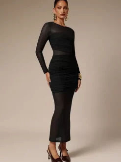 Robe longue moulante à manches longues et empiècements en maille froncée pour femme 2026
