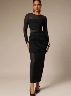 Robe longue moulante à manches longues et empiècements en maille froncée pour femme 2026