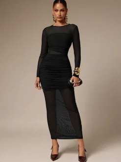 Robe longue moulante à manches longues et empiècements en maille froncée pour femme 2026