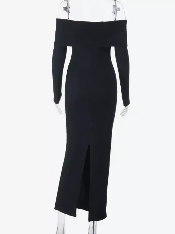Robe longue moulante noire à épaules dénudées et fente au dos ornée de perles élégantes - Tenue de soirée printemps 2026