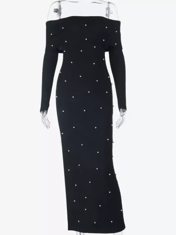 Robe longue moulante noire à épaules dénudées et fente au dos ornée de perles élégantes - Tenue de soirée printemps 2026