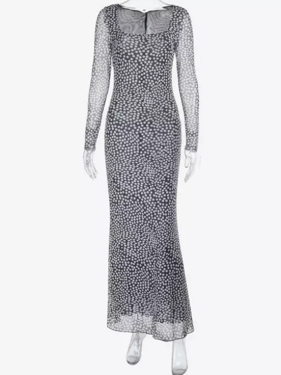 Robe longue moulante à pois en maille pour femme - Col carré rétro manches longues - Chic français idéale pour les vacances de printemps 2026