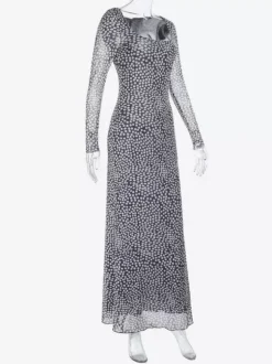 Robe longue moulante à pois en maille pour femme - Col carré rétro manches longues - Chic français idéale pour les vacances de printemps 2026