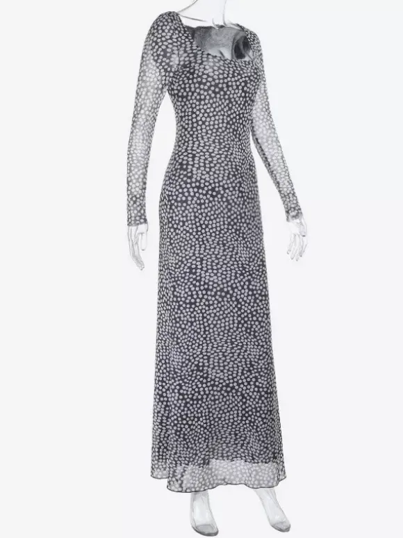 Robe longue moulante à pois en maille pour femme - Col carré rétro manches longues - Chic français idéale pour les vacances de printemps 2026