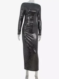 Robe longue moulante à sequins scintillants et froncés pour femme - Robe noire à col bateau et manches longues - Soirée de gala du printemps 2026