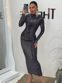 Robe longue moulante à sequins scintillants et froncés pour femme - Robe noire à col bateau et manches longues - Soirée de gala du printemps 2026