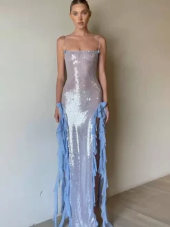 Robe longue moulante transparente à sequins bleus avec fente haute à volants 2026