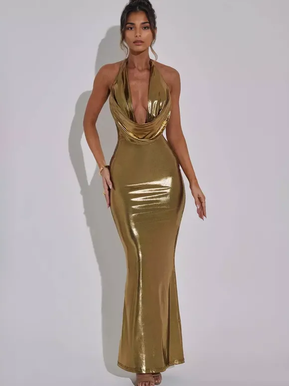 Robe longue métallisée dorée avec dos ouvert et robe moulante à licou pour femme 2026