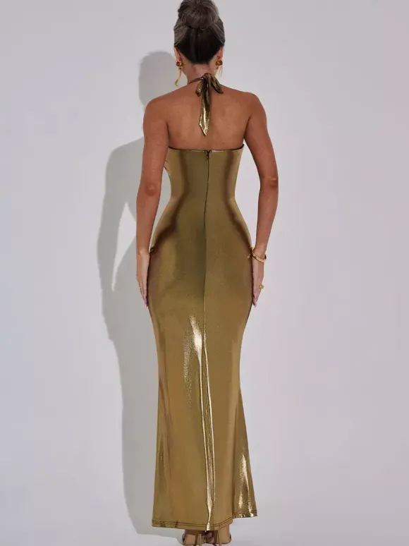 Robe longue métallisée dorée avec dos ouvert et robe moulante à licou pour femme 2026
