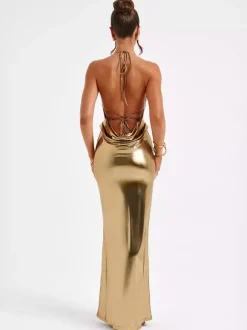 Robe longue métallisée dorée avec dos ouvert robe moulante de soirée à licou pour femme 2026