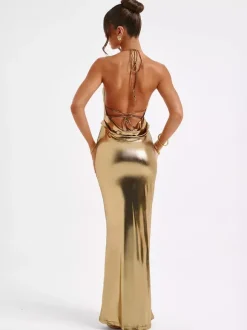 Robe longue métallisée dorée avec dos ouvert robe moulante de soirée à licou pour femme 2026