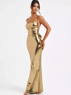 Robe longue métallisée dorée avec dos ouvert robe moulante de soirée à licou pour femme 2026