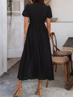 Robe longue noire pour femme dos nu boutons manches courtes col en V taille haute