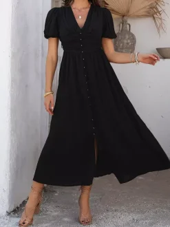 Robe longue noire pour femme dos nu boutons manches courtes col en V taille haute