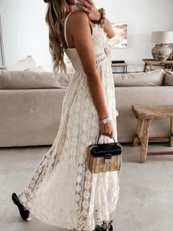 Robe longue nuisette bohème en dentelle pour femme - Robe d'été asymétrique à franges et col en V - Vacances d'été à la plage 2026