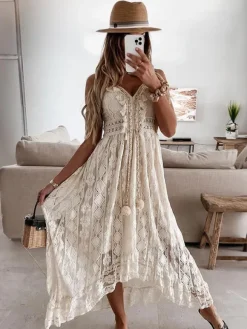 Robe longue nuisette bohème en dentelle pour femme - Robe d'été asymétrique à franges et col en V - Vacances d'été à la plage 2026