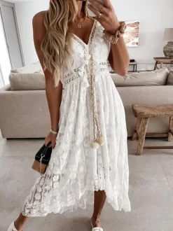 Robe longue nuisette bohème en dentelle pour femme - Robe d'été asymétrique à franges et col en V - Vacances d'été à la plage 2026