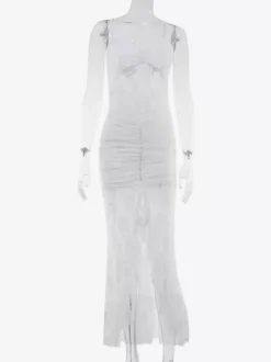 Robe longue nuisette en dentelle transparente à volants pour femme - Robe moulante blanche sexy à ourlet asymétrique et fines bretelles - Soirée de gala d'été 2026