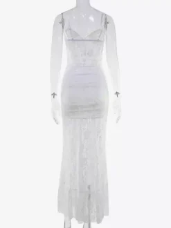 Robe longue nuisette en dentelle transparente à volants pour femme - Robe moulante blanche sexy à ourlet asymétrique et fines bretelles - Soirée de gala d'été 2026