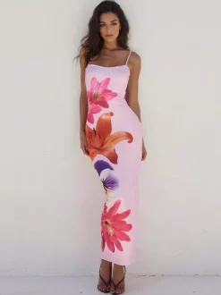 Robe longue nuisette à imprimé floral pour femme - Robe moulante sexy sans manches avec fente au dos - Vacances d'été à la plage 2026