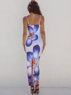 Robe longue nuisette à imprimé floral pour femme - Robe moulante sexy sans manches avec fente au dos - Vacances d'été à la plage 2026