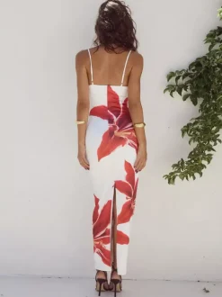 Robe longue nuisette à imprimé floral pour femme - Robe moulante sexy sans manches avec fente au dos - Vacances d'été à la plage 2026