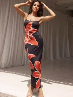 Robe longue nuisette à imprimé floral pour femme - Robe moulante sexy sans manches avec fente au dos - Vacances d'été à la plage 2026