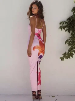 Robe longue nuisette à imprimé floral pour femme - Robe moulante sexy sans manches avec fente au dos - Vacances d'été à la plage 2026