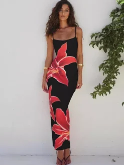 Robe longue nuisette à imprimé floral pour femme - Robe moulante sexy sans manches avec fente au dos - Vacances d'été à la plage 2026