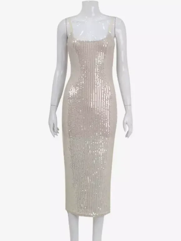 Robe longue nuisette à sequins scintillants pour femme - Robe moulante glamour à fines bretelles - Soirée en boîte de nuit printanière 2026